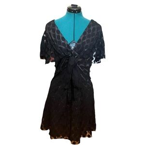 Anna Sui Mesh Short Sleeve V Neck Waist Tie Mini Dress